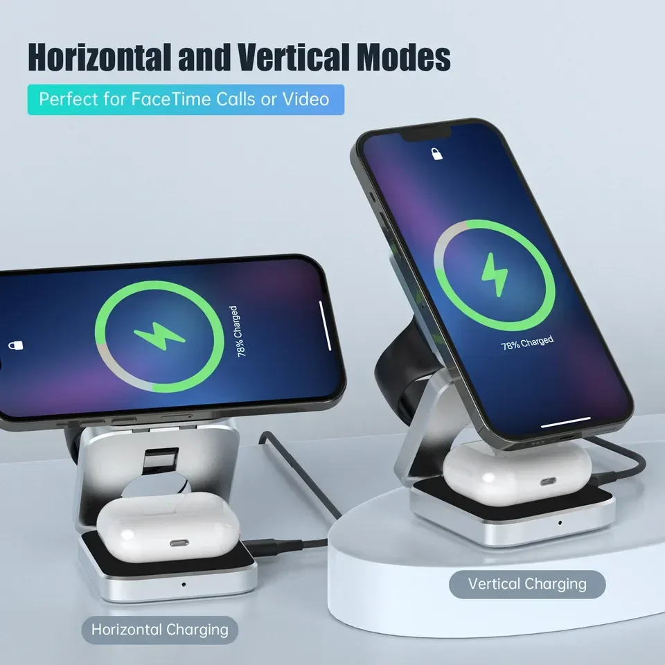 Travel 3 in 1 Magnetic Wireless Charger Foldable Stand Dock