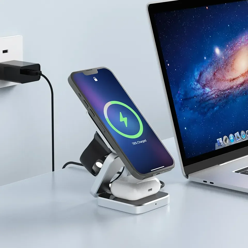 Travel 3 in 1 Magnetic Wireless Charger Foldable Stand Dock